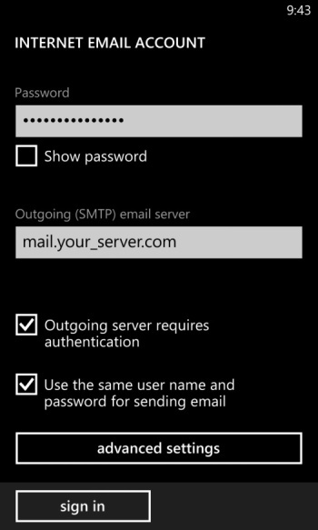 Internet Email Account password and Outgoing Mail Server